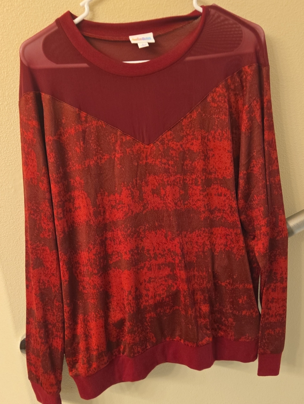 LuLaRoe Lizzy Red Mesh Yoke Long Sleeve Top